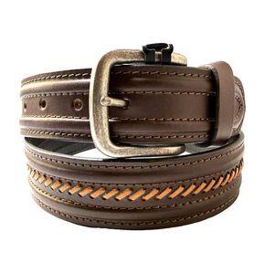 American Bison 100% Genuine Leather Brown Belt Mens Size 34 Herringbone Stitched